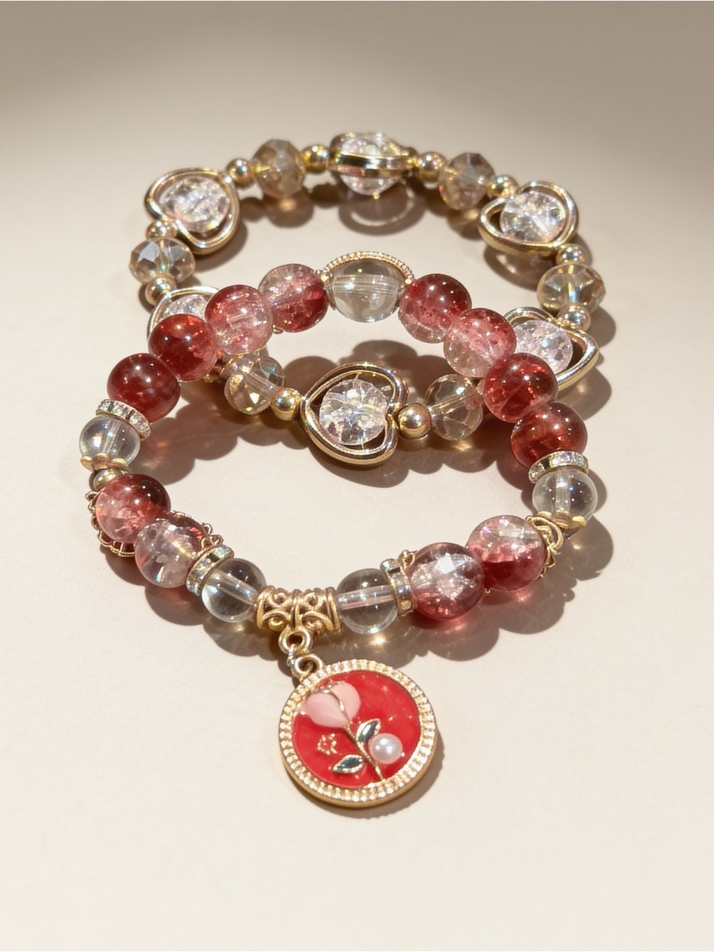 Gold-Tone Red & Clear Beaded Charm Bracelet Set